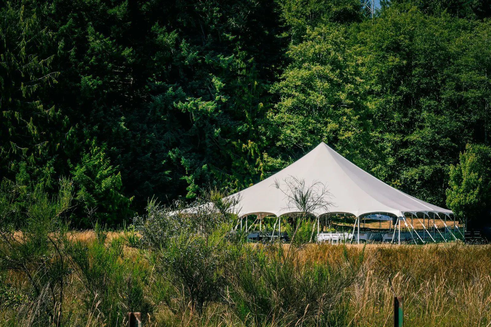 Tenda de evento montada em meio à natureza